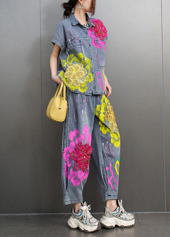 Unique Peter Pan Collar Denim Shirts and Crop Pants Two-piece Set Short Sleeve