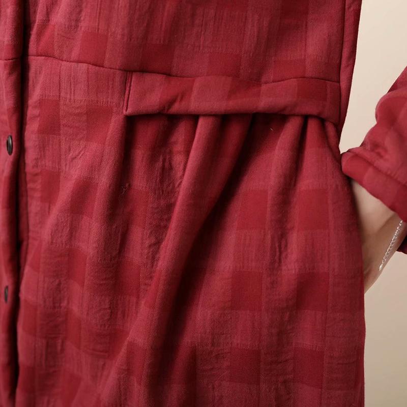 Thick Retro Cotton Linen Plaid Long Coat Dress