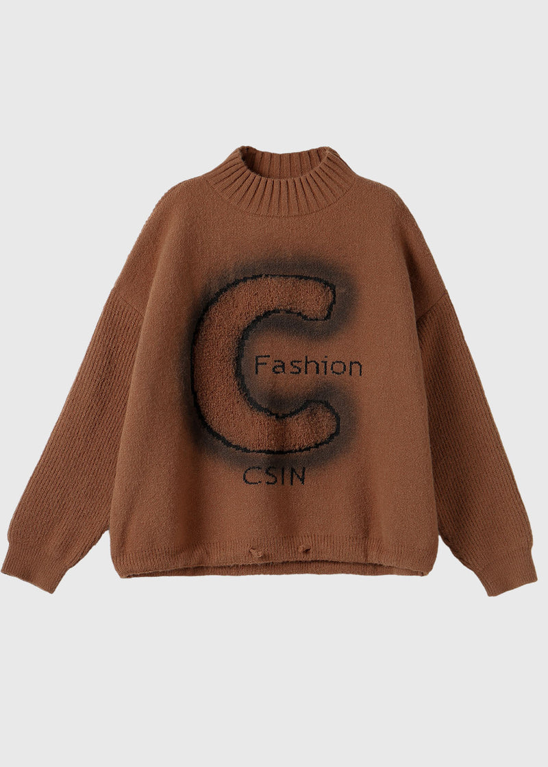 Coffee Turtleneck Alphabet Print Thick Cotton Knit Sweaters Long Sleeve