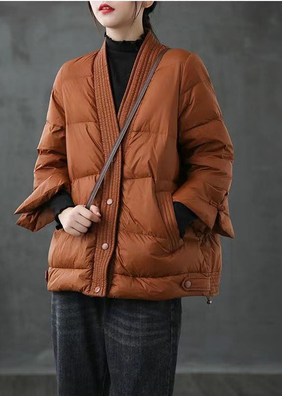 Black V Neck Button Thick Winter Duck Down Jackets