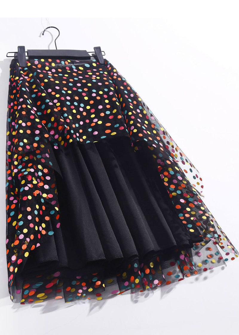 French Black High Waist Dot Print Tulle a Line Skirt Spring