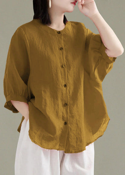 Art Red O-neck Button Linen Loose Shirt Top Lantern Sleeve
