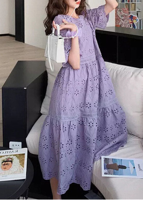 Purple Embroidered Hollow Out Patchwork Cotton Dress Puff Sleeve