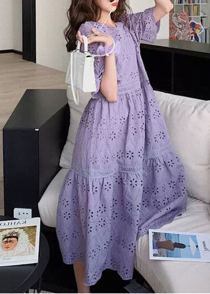 Purple Embroidered Hollow Out Patchwork Cotton Dress Puff Sleeve