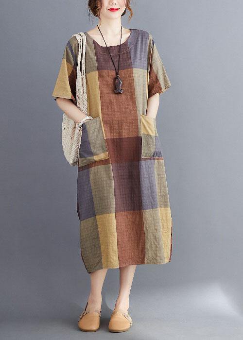 Corron Linen Red O Neck Plaid Summer Maxi Dresses