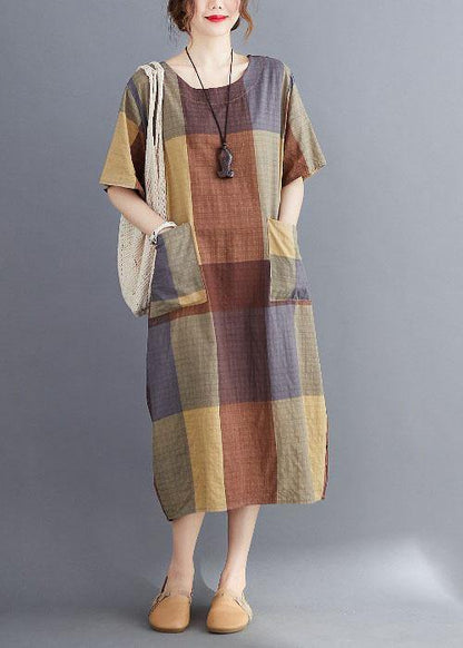 Corron Linen Red O Neck Plaid Summer Maxi Dresses