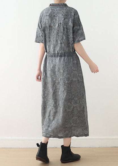 Art Dark Gray Linen Wardrobes 18th Century Neckline Tie Waist Traveling Summer Dress