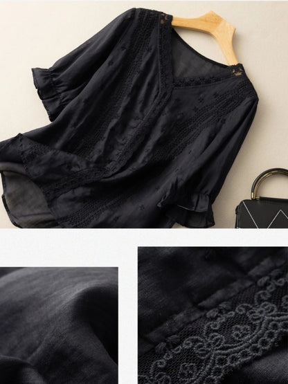 Embroidered V Neck Ruffled Short Sleeve Linen Top