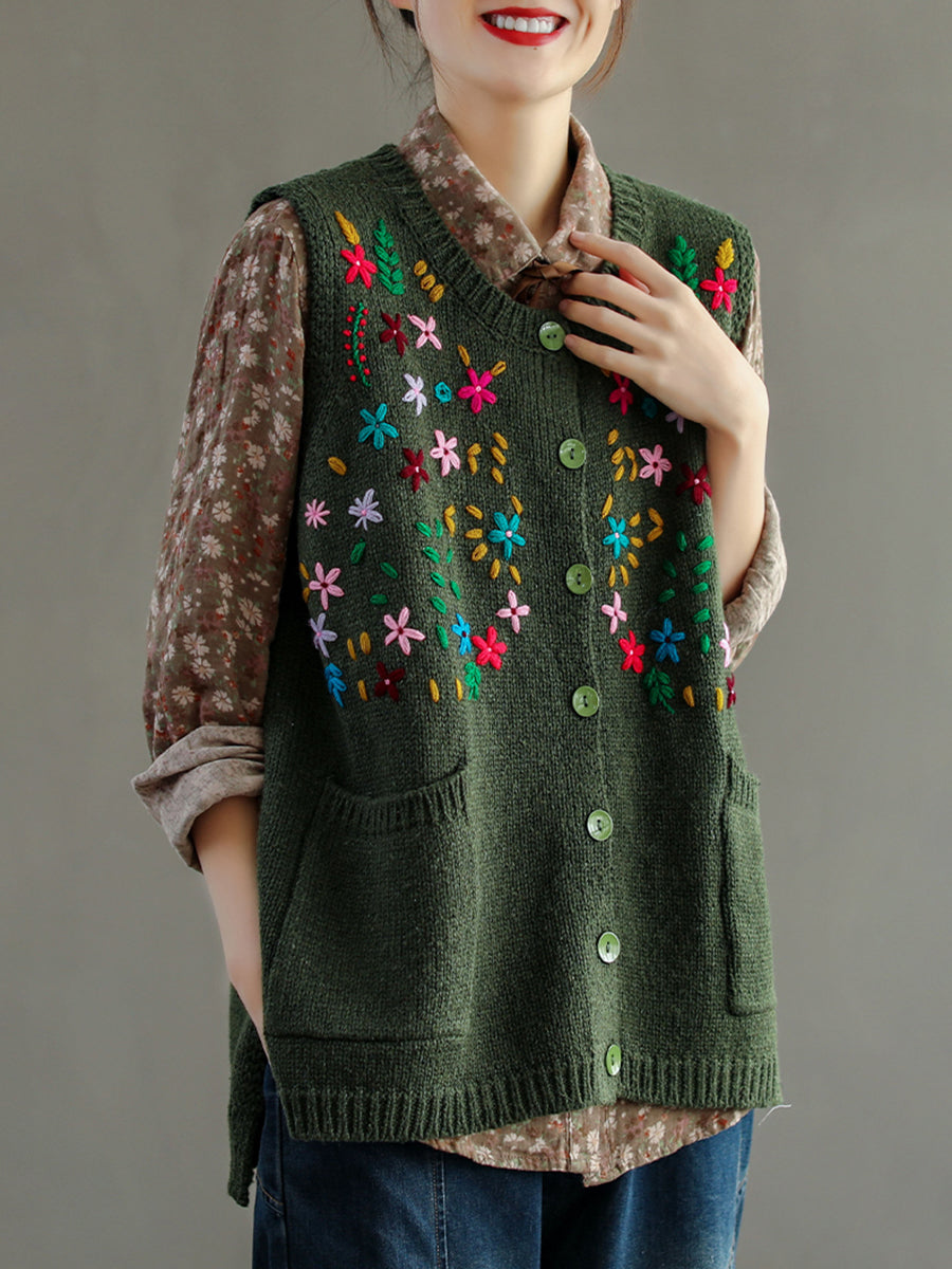 Embroidery Cotton Baggy Cardigan Vest