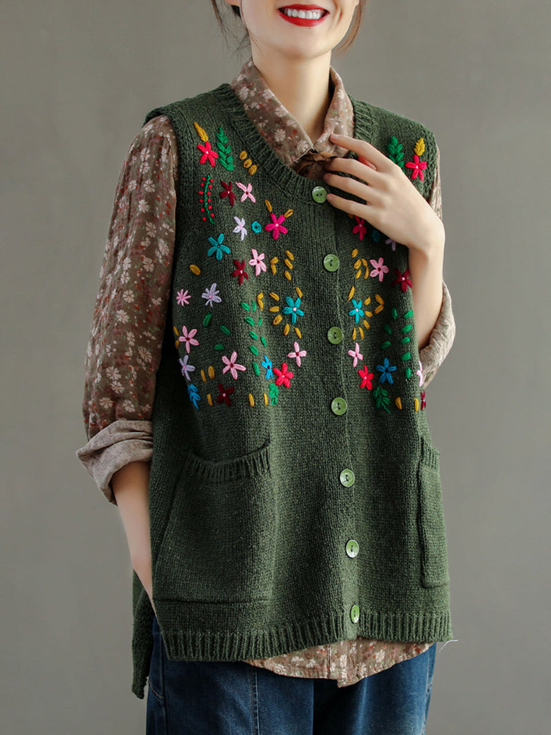 Embroidery Cotton Baggy Cardigan Vest