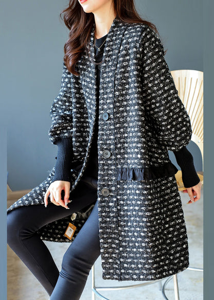 Green V Neck Ruffled Striped Knit Patchwork Thick Coat Long Sleeve