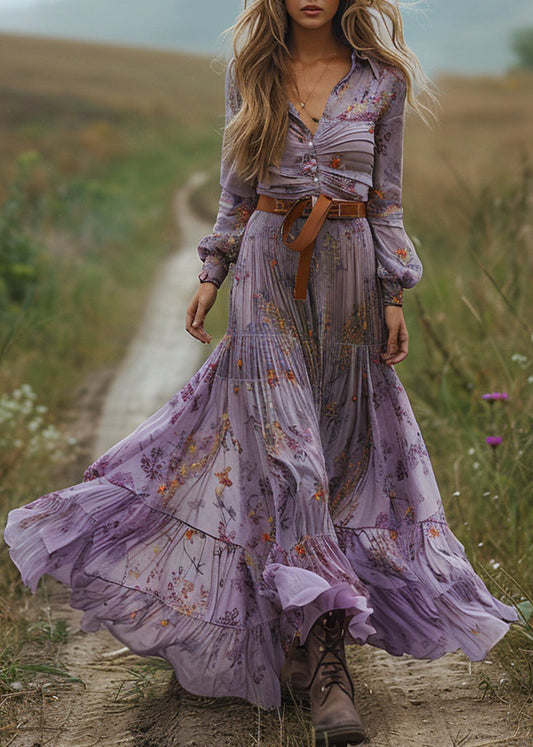 Pastoral Purple V Neck Print Dresses Long Sleeve