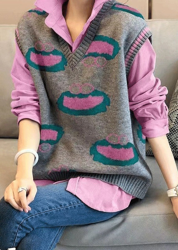 French Rose Peter Pan Collar Shirts and Vest Knit Two Pieces Set Fall