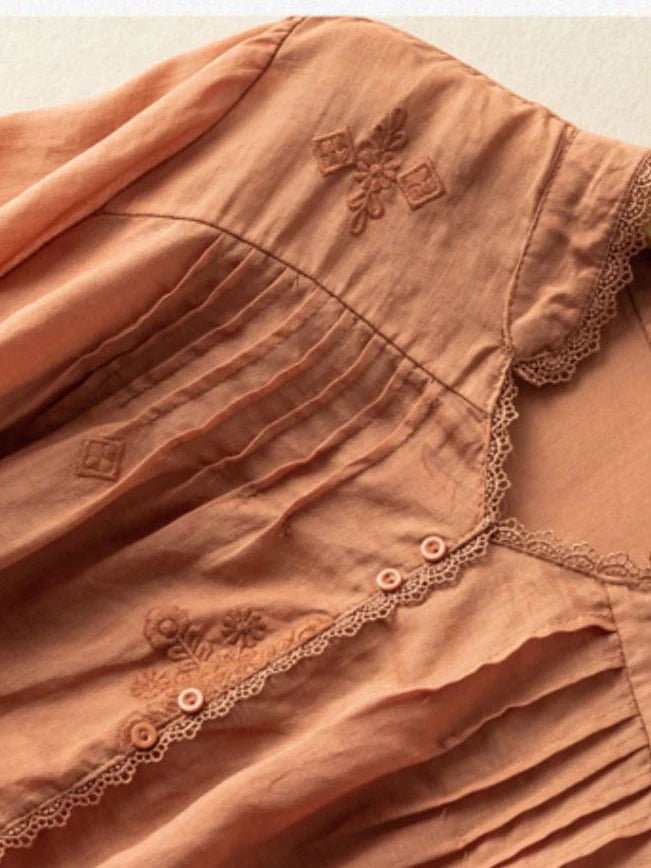 Embroidered V Neck 3/4 Sleeve Linen Shirt Top