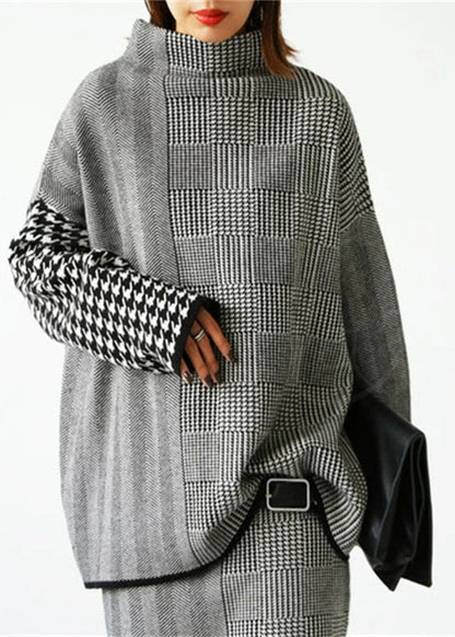 Loose Grey Plaid Knit Sweaters and Skirts Two Piece Set Outfits Fall