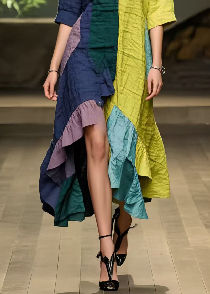 New Retro Asymmetrical Patchwork Ruffles Cotton Dress Summer