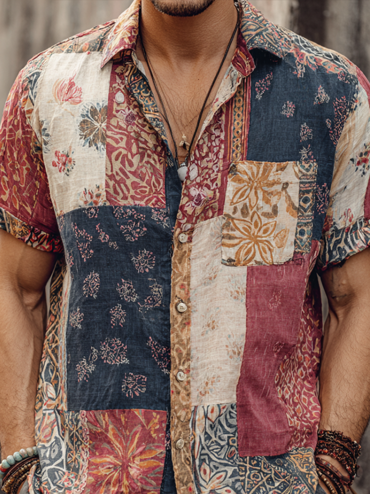 Western Style Bohemian Plant Flower Pattern Color Block Patchwork Retro Cotton And Linen Men's Shirt elevenforest