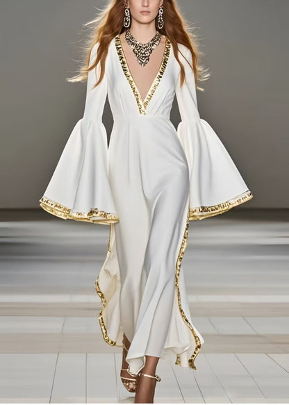 French White V Neck Patchwork Chiffon Party Dress Flare Sleeve