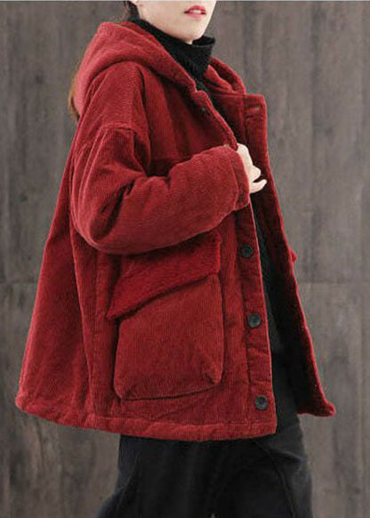 Red Hooded Pockets Fine Cotton Filled Corduroy Parka Jacket Winter