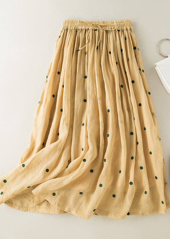 Apricot Dot Drawstring Elastic Waist Wrinkled Cotton Skirt Summer