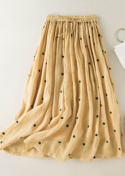 Apricot Dot Drawstring Elastic Waist Wrinkled Cotton Skirt Summer