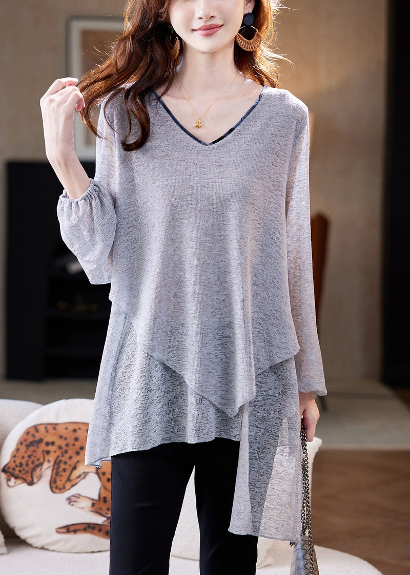 Loose Grey Asymmetrical Thin Knit T Shirts Fall