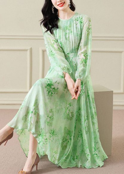 Green Wrinkled Print Chiffon Maxi Dress Long Sleeve