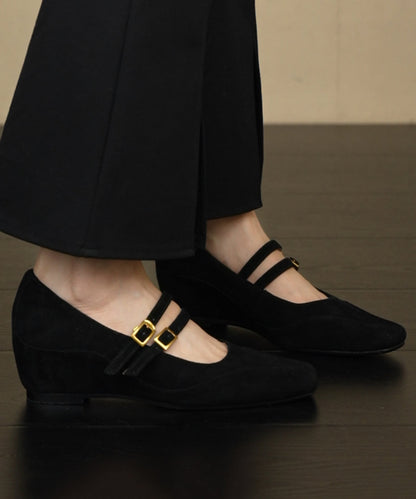 Brown Wedge Heels Shoes Suede New Splicing Buckle Strap
