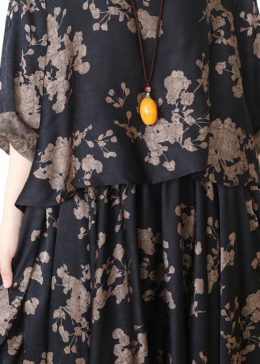 Loose Silk Satin Wind Dress Black Chocolate Color Printing Two-piece Goddess Big Swing Skirt