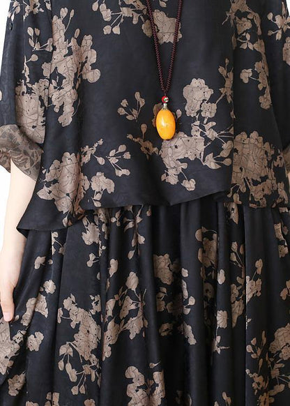 Loose Silk Satin Wind Dress Black Chocolate Color Printing Two-piece Goddess Big Swing Skirt