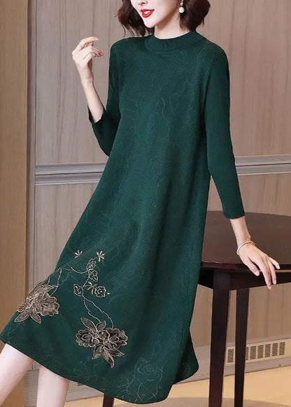 Stylish Red O-neck Embroidered Knit Sweater Dress Spring