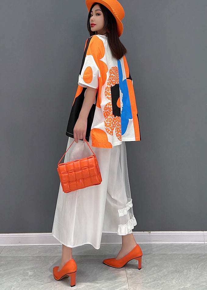 French Orange Print Tulle Patchwork Cotton Tanks and a Line Skirts Two Pieces Set Summer