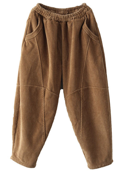 Brown Patchwork Thick Corduroy Pants Elastic Waist Winter