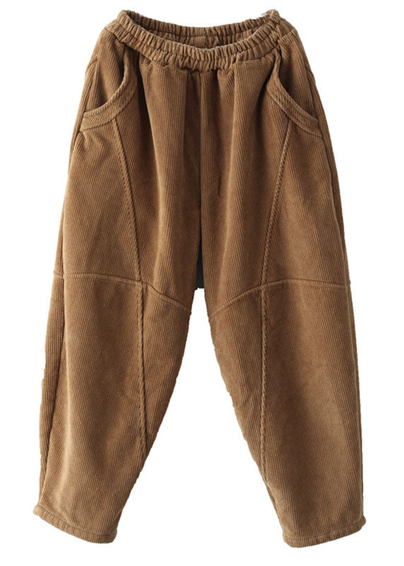 Brown Patchwork Thick Corduroy Pants Elastic Waist Winter