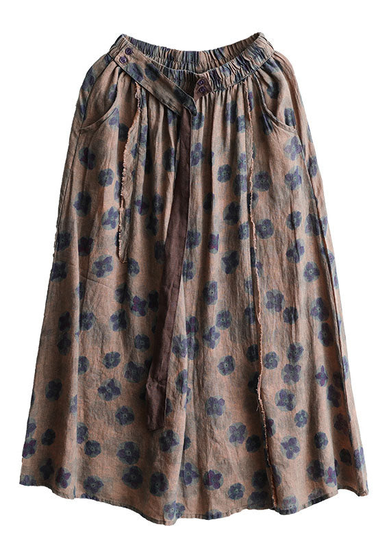 Black Flower Elastic Waist Print Linen Skirts Summer