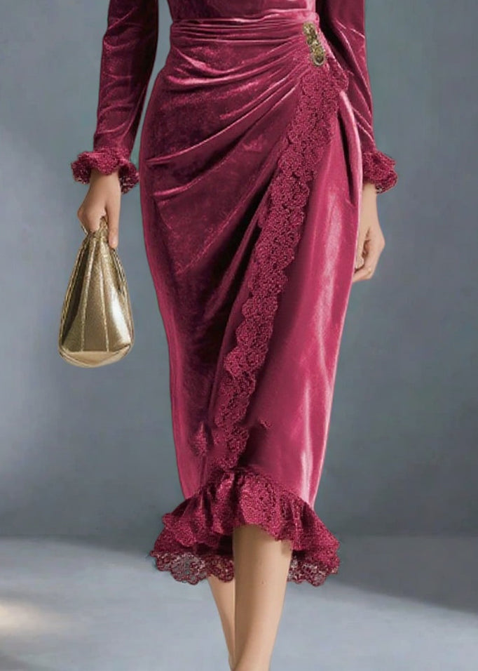 Mulberry V Neck Lace Patchwork Silk Velvet Party Dress Spring