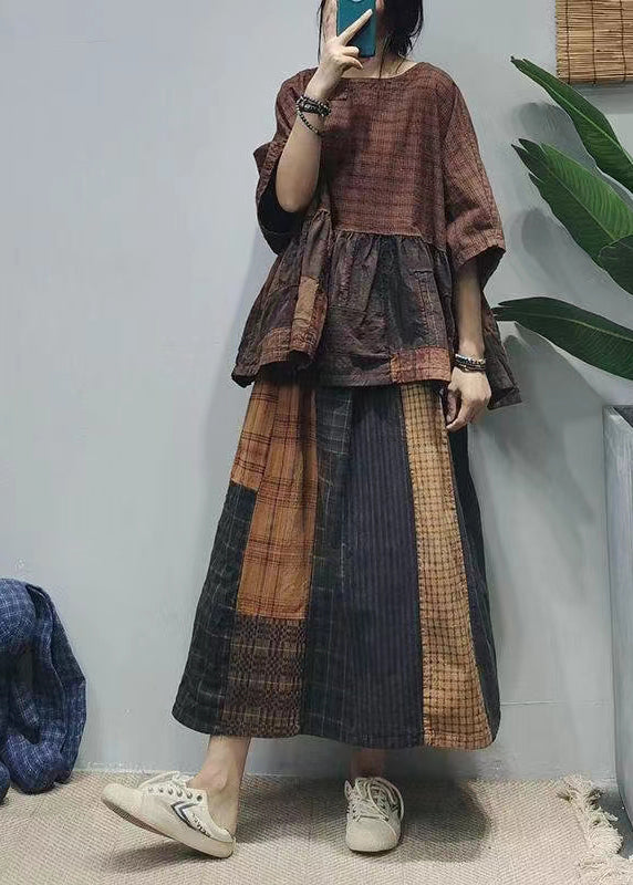Colorblock Oversized Patchwork Plaid Linen a Line Skirts Summer