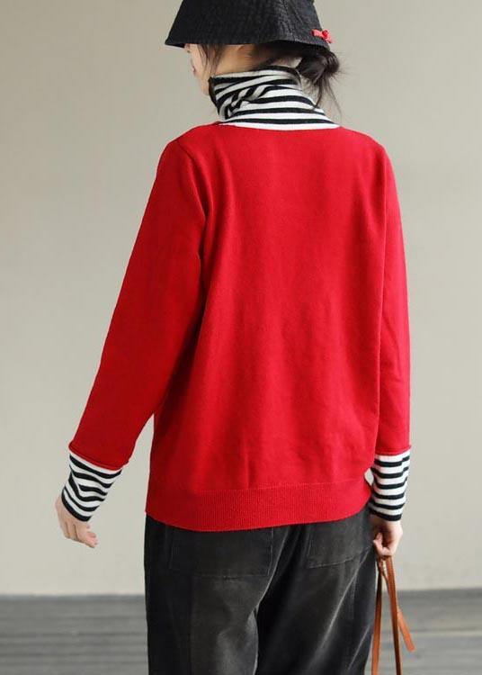 Cozy Red Sweaters Patchwork High Neck Blouse