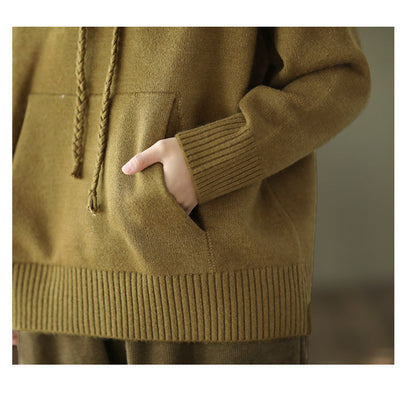 Thick Twist Drawstring Hooded Knit Sweater