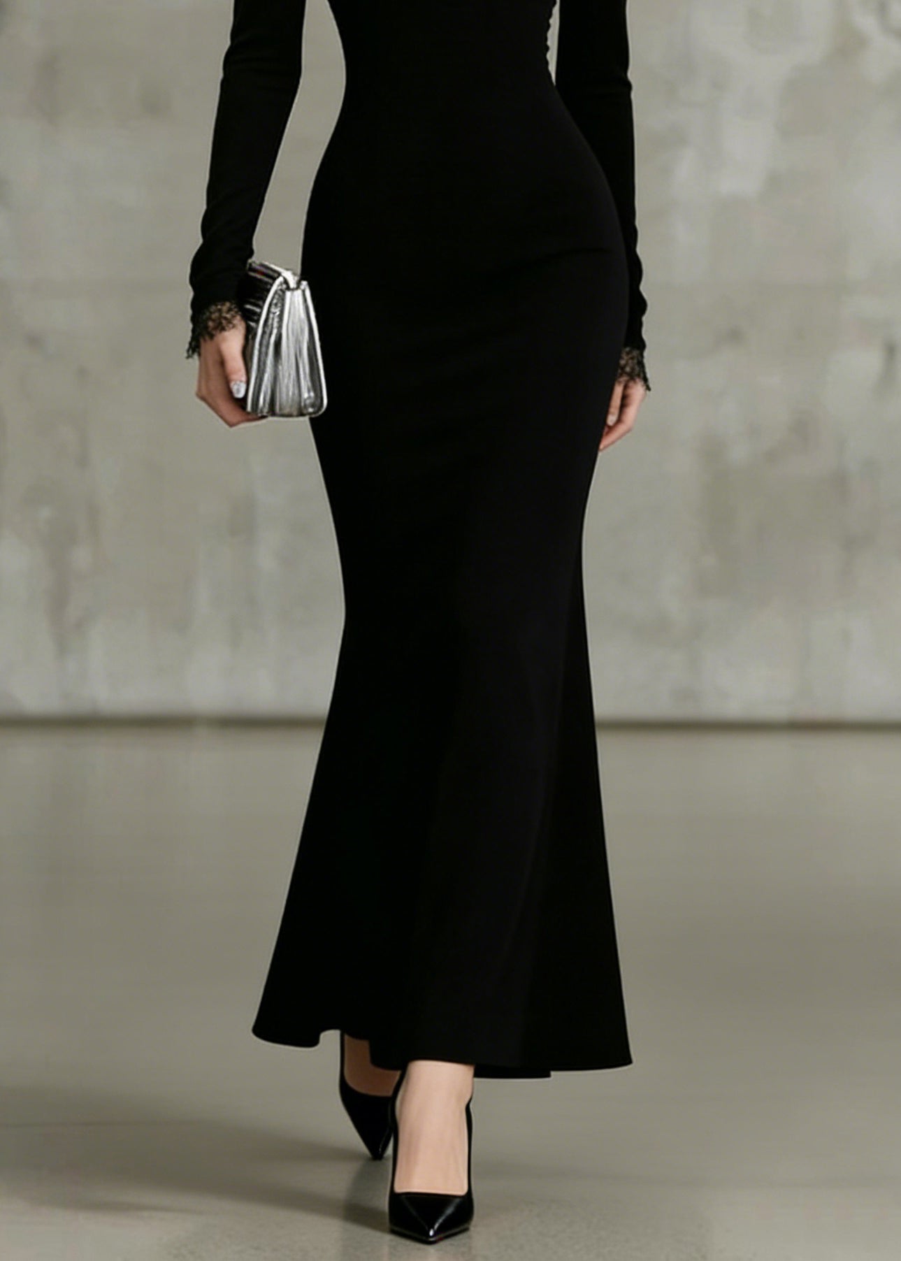 Fine Black V Neck Lace Patchwork Fish Tail Dresses Spring