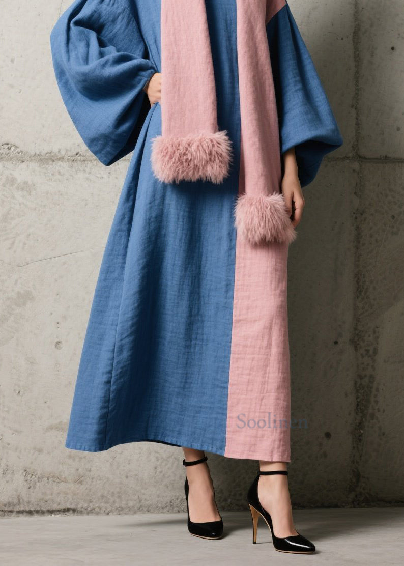 Colorblock Patchwork Cotton Ankle Dress Lantern Sleeve