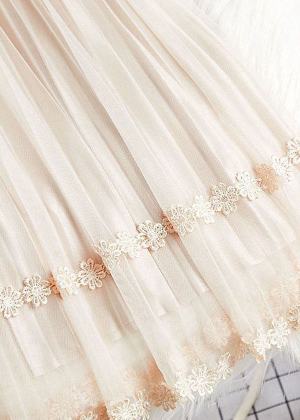 Art Beige Elastic Waist Lace Patchwork Wear on Both Sides Tulle Pleated Skirt Spring