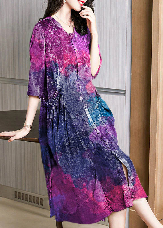 Pockets Wrinkled Patchwork Silk Dress Summer