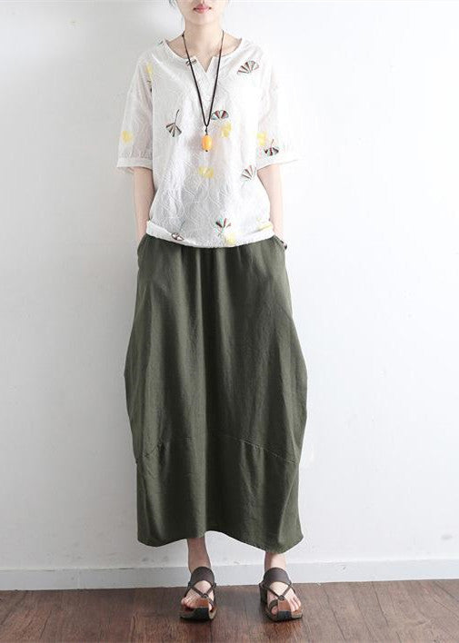 Tea Green Simple Pockets Linen Skirts Long Maxi Skirt