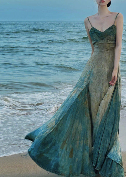 Blue Slash Neck Tie Dye Spaghetti Strap Maxi Dress Sleeveless