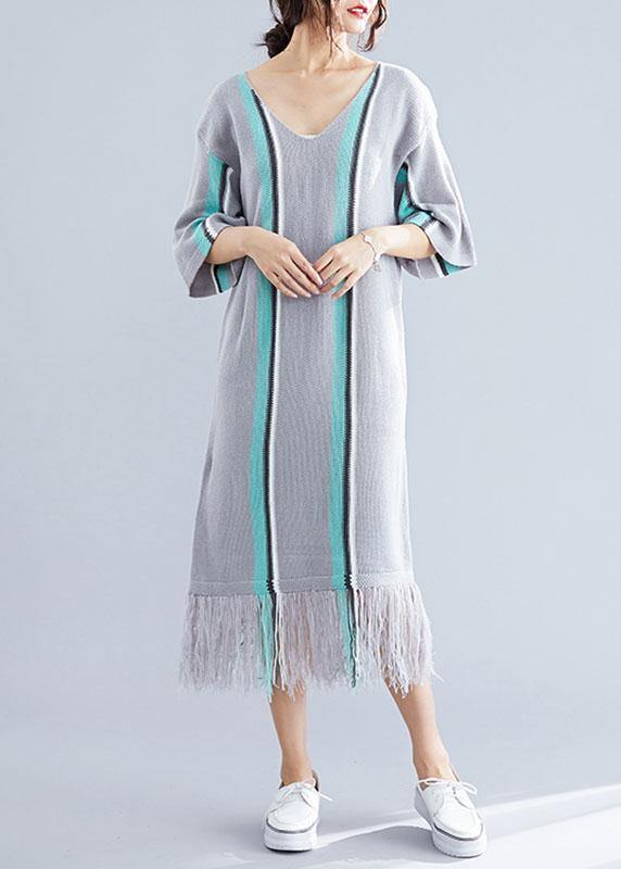 100% Gray Tassel Cotton Tunic V Neck Loose Dresses