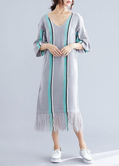 100% Gray Tassel Cotton Tunic V Neck Loose Dresses