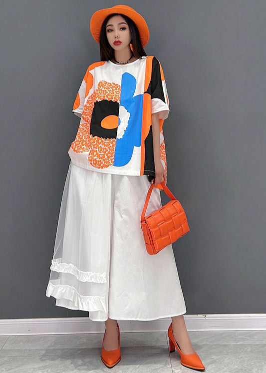French Orange Print Tulle Patchwork Cotton Tanks and a Line Skirts Two Pieces Set Summer