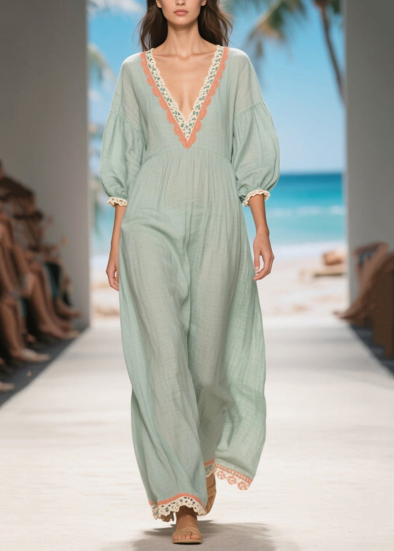 Light Blue V Neck Patchwork Lace Linen Long Dress Summer