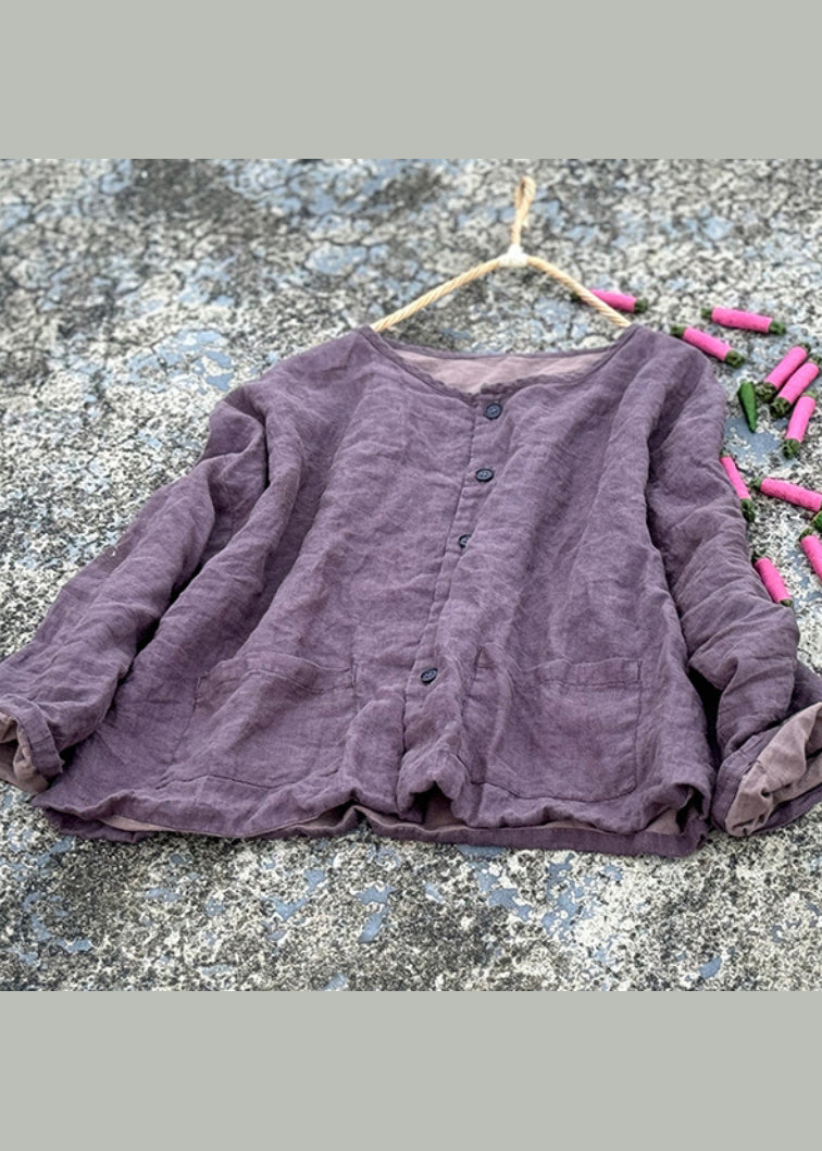 Green O Neck Pockets Button Linen Loose Coat Fall